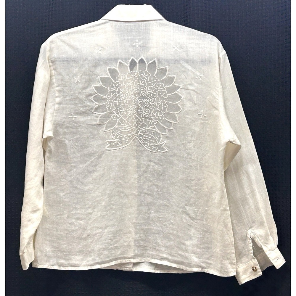 Vintage ? White Long Sleeve Floral Cutwork Embroidered Linen Blouse Women's